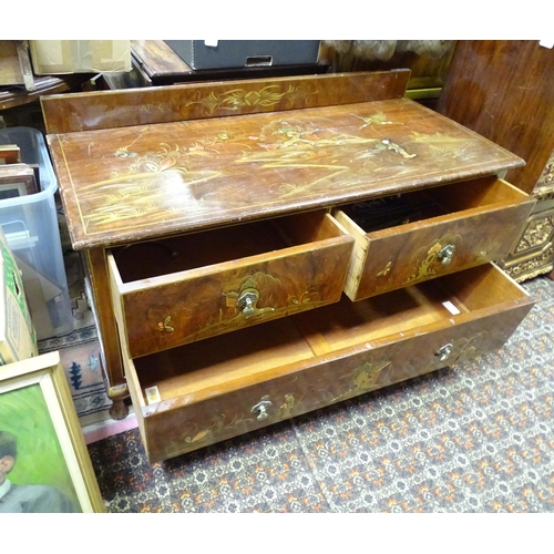 271 - An Oriental low chest comprising two short over one long drawer with Oriental scene decoration. 45