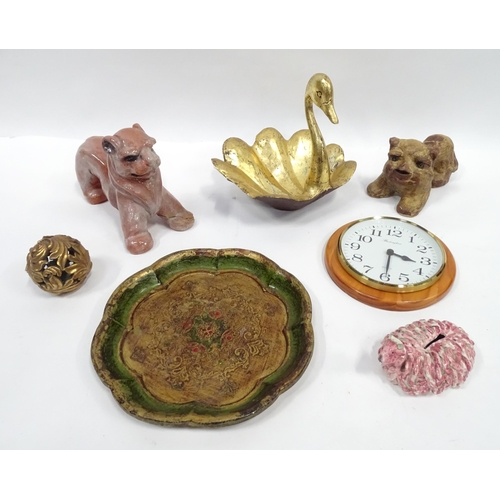 103 - Box of assorted items to include wall clock, swan formed bowl, carved gilt acanthus ball, sheep mone... 