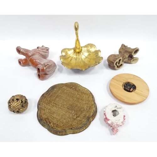 103 - Box of assorted items to include wall clock, swan formed bowl, carved gilt acanthus ball, sheep mone... 