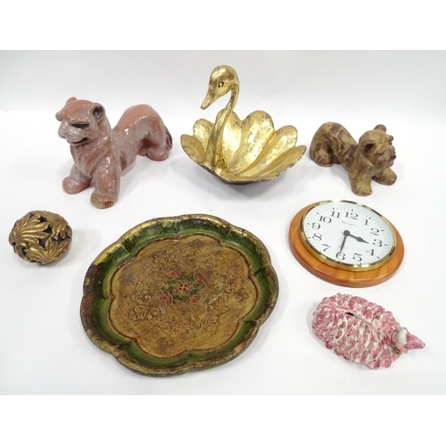 103 - Box of assorted items to include wall clock, swan formed bowl, carved gilt acanthus ball, sheep mone... 