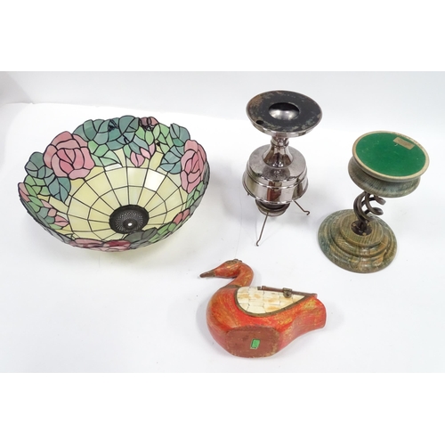 104 - Box containing assorted items to include a tiffany style shade, oil lamp, village craft and design s... 