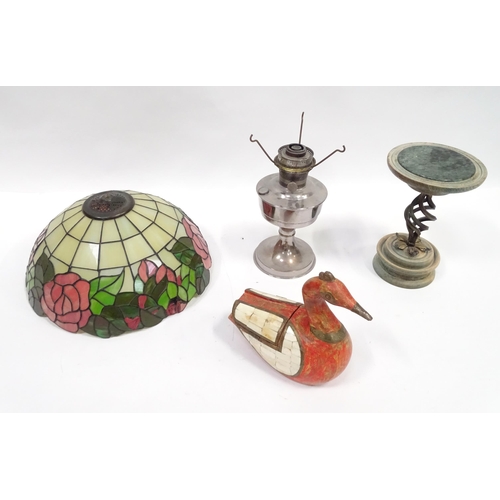 104 - Box containing assorted items to include a tiffany style shade, oil lamp, village craft and design s... 