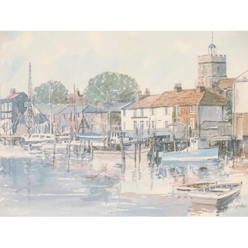 112 - Six assorted prints and watercolours to include a limited edition print of Wivenhoe, signed Johnny M... 