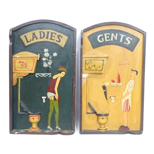 128 - Ladies and gents risque comical bathroom signs. Approx. 28