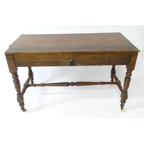 133 - Mahogany aesthetic movement writing desk with moulded top above two short drawers and raised on four... 