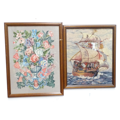 141 - Two early 20thC woolwork embroideries one depicting an urn with flowers in full bloom, the other dep... 