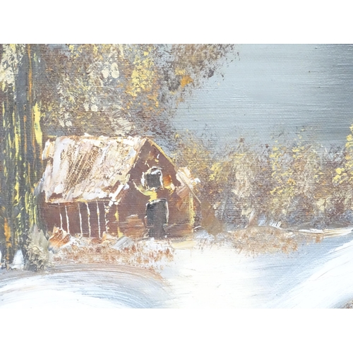50 - A late 20thC oil on canvas depicting a winter landscape with a river and cottage, by Laura Herrlinge... 