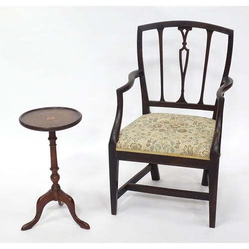 235 - A Hepplewhite design open armchair together with an early 20thC marquetry inlaid wine table. The tab... 