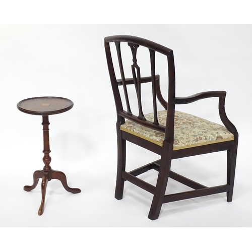 235 - A Hepplewhite design open armchair together with an early 20thC marquetry inlaid wine table. The tab... 