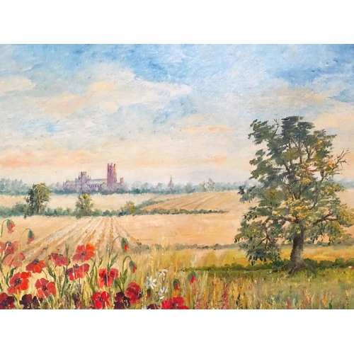 239 - Three oil paintings comprising an oil on canvas depicting a landscape with poppies and a cathedral b... 