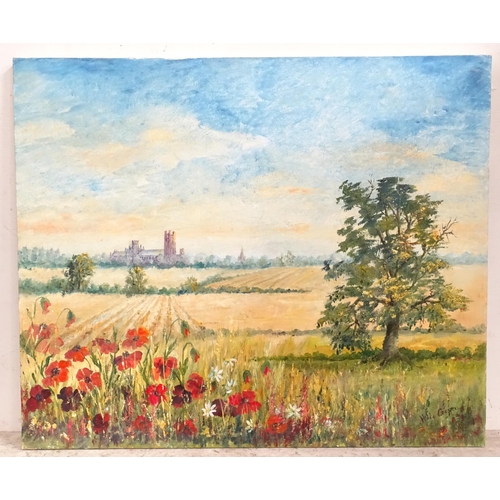 239 - Three oil paintings comprising an oil on canvas depicting a landscape with poppies and a cathedral b... 