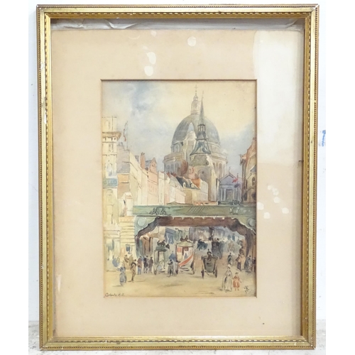 251 - 19th century, Watercolour, Ludgate Hill, A busy London street scene with carts, figures, and a view ... 