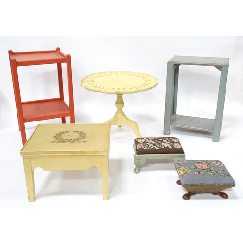 254 - Assorted painted furniture to include 4 tables and 2 stools. Largest approx 28