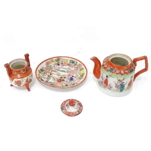 1104 - A quantity of assorted ceramics to include a small Japanese teapot decorated with figures in a garde... 