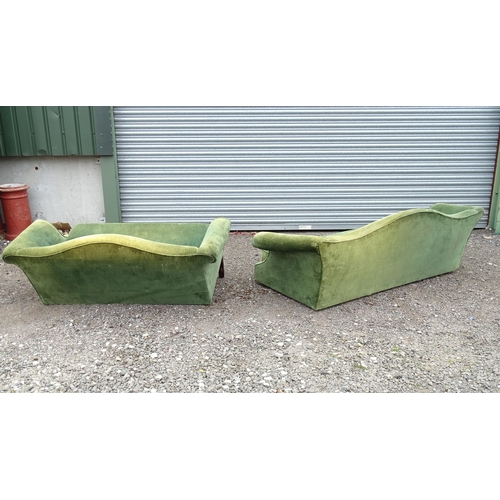 12A - Two camel back sofas, one with blind fretwork carved legs. Largest approx. 80