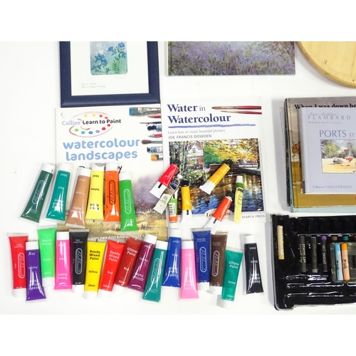 1380 - A quantity of assorted artist's materials to include paints, oil pastels, watercolour technique book... 