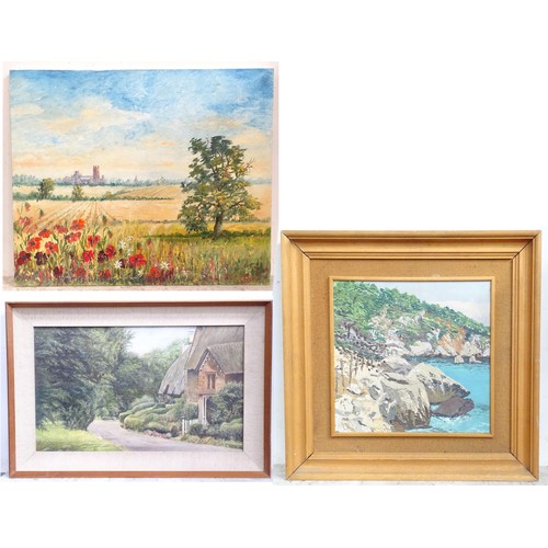 239 - Three oil paintings comprising an oil on canvas depicting a landscape with poppies and a cathedral b... 