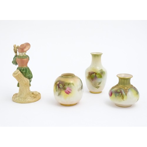 142 - Three Royal Worcester blush ivory vases decorated with rose / flower decoration, two numbered 2491, ... 