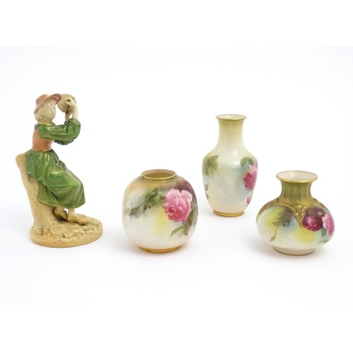 142 - Three Royal Worcester blush ivory vases decorated with rose / flower decoration, two numbered 2491, ... 