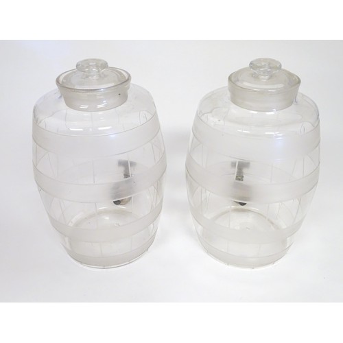 220 - Two Victorian glass spirit / rum  barrels with etched decoration and with silver plated taps. Approx... 