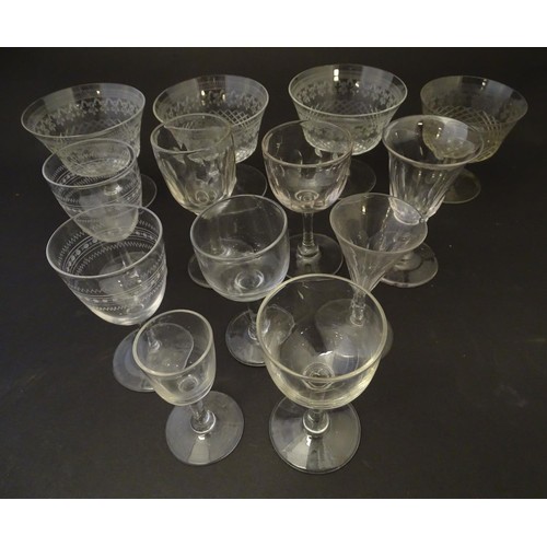 235 - Glass: an assortment of 19thC drinking glasses, to include a set of four champagne saucers, port and... 