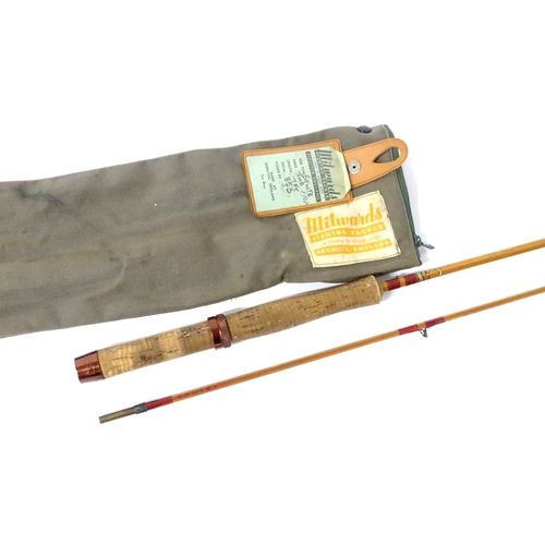 875 - Four mid 20thC fishing rods, comprising: a Milwards Flylite two-piece 7ft split cane fly rod, serial... 