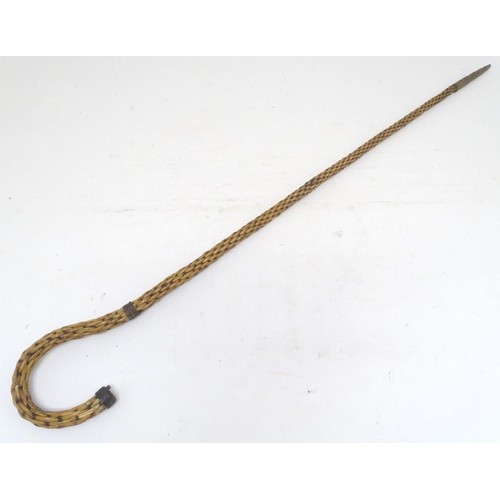 888 - An unusual continental 19thC wicker shepherd's crook with a tiered brass ferrule. Approx. 34 3/4