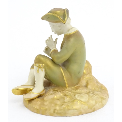 140 - A Royal Worcester figure modelled as a seated piper boy wearing a tricorn hat. Marked under and numb... 