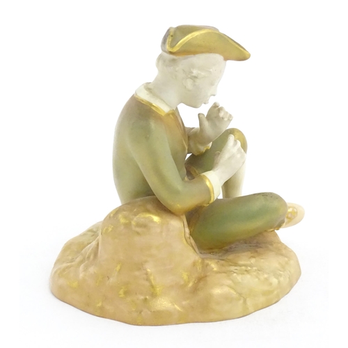 140 - A Royal Worcester figure modelled as a seated piper boy wearing a tricorn hat. Marked under and numb... 