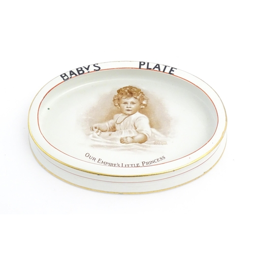 173 - An early 20thC Paragon oval baby plate commemorating the birth of Elizabeth II with transfer image o... 