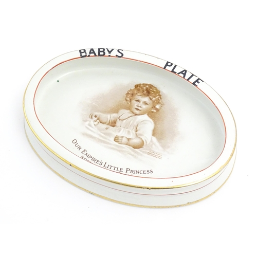 173 - An early 20thC Paragon oval baby plate commemorating the birth of Elizabeth II with transfer image o... 