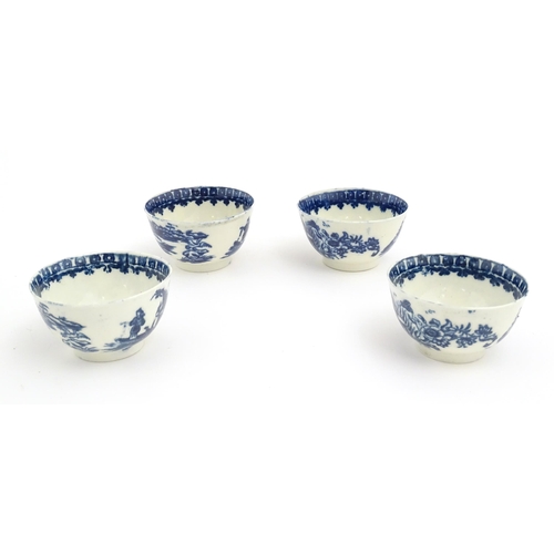 53 - Four Caughley blue and white tea bowls and saucers decorated in the Fisherman pattern. Cups approx. ... 
