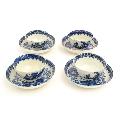 53 - Four Caughley blue and white tea bowls and saucers decorated in the Fisherman pattern. Cups approx. ... 
