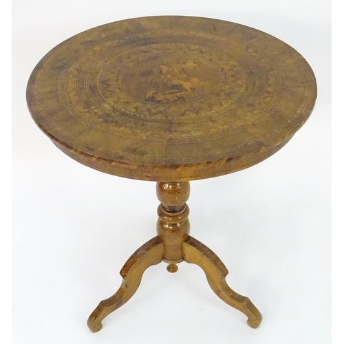 1502 - A 19thC Sorrento table with a profusely inlaid marquetry top and having a turned pedestal base with ... 