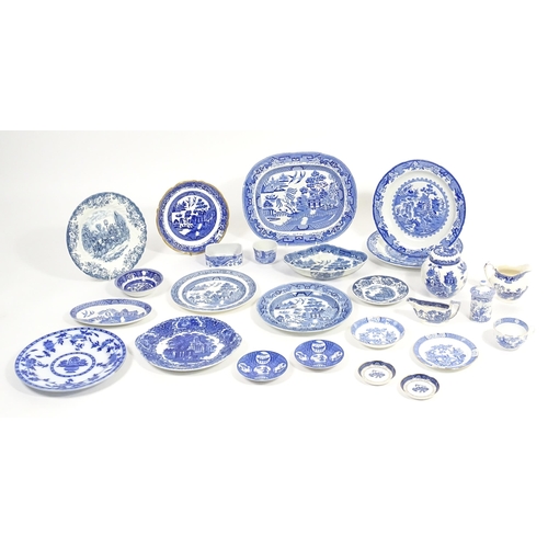 187 - A quantity of assorted blue and white dinner wares to include dinner plates, meat plate, serving dis... 