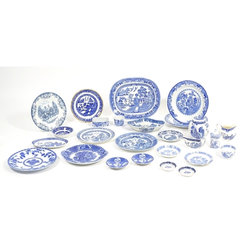 187 - A quantity of assorted blue and white dinner wares to include dinner plates, meat plate, serving dis... 