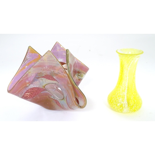 225 - Two items of art glass to include a handkerchief shaped pot and a yellow glass vase. Largest approx.... 