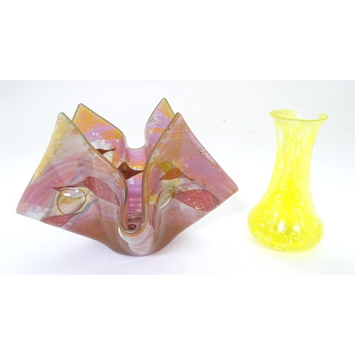 225 - Two items of art glass to include a handkerchief shaped pot and a yellow glass vase. Largest approx.... 