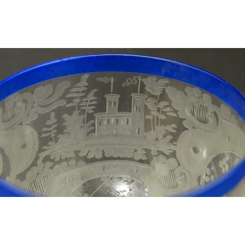 234 - 6 + 6 glass drinking glasses with engraved decoration depicting hare and castle with blue banded det... 