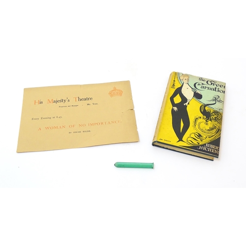 72 - Three Oscar Wilde / theatre related items to include a green glass posy holder with the etched inscr... 