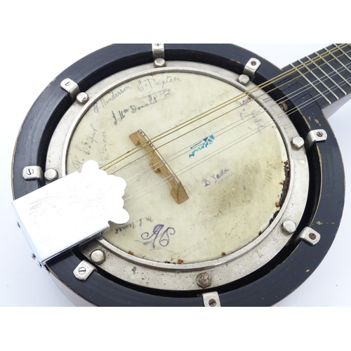 895 - Musical Instrument: a mid 20thC cased Banjo Mandolin, the head bearing various autographs, approx 22... 