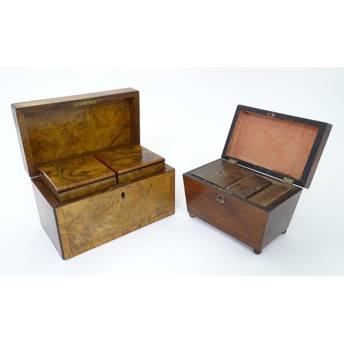 899 - A 19thC walnut tea caddy with crossbanding, opening to reveal two hinge lidded sections within. Toge... 