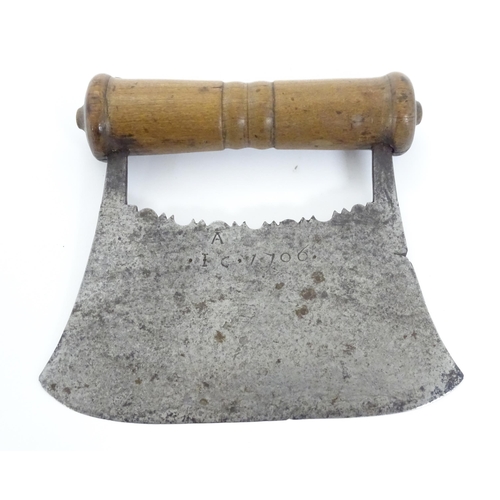 902 - An 18thC herb chopper / cutter with turned wooden treen handle, the blade engraved and dated A I C 1... 