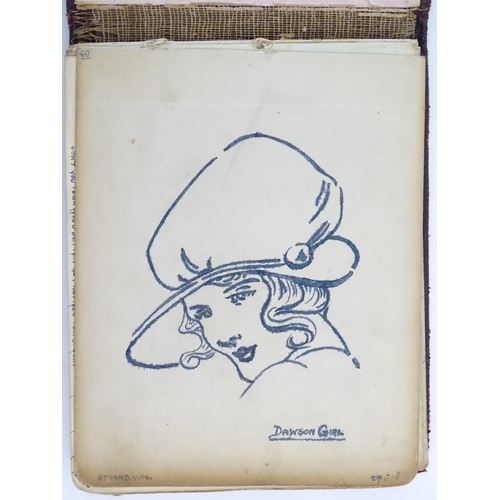 1964A - An early 20thC autograph album / scrapbook containing various pen and ink drawings copied from magaz... 