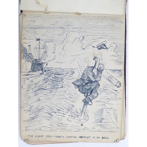 1964A - An early 20thC autograph album / scrapbook containing various pen and ink drawings copied from magaz... 