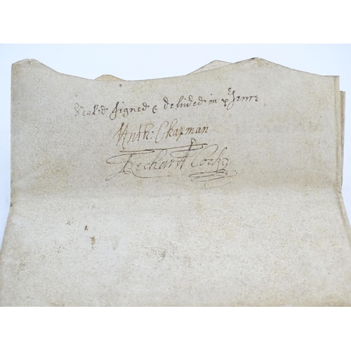 1969 - A 17thC vellum indenture document for Counterpart of Lease, dated 1677, signed A Chapman and sealed ... 