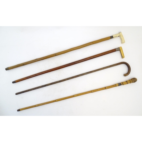 886 - Four 19thC and later walking sticks / canes to include a Victorian antler handled example with silve... 