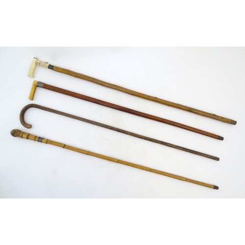 886 - Four 19thC and later walking sticks / canes to include a Victorian antler handled example with silve... 