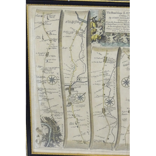 2032 - Map: An engraved strip road map, titled The Road from London to Buckingham, after John Ogilby. Appro... 