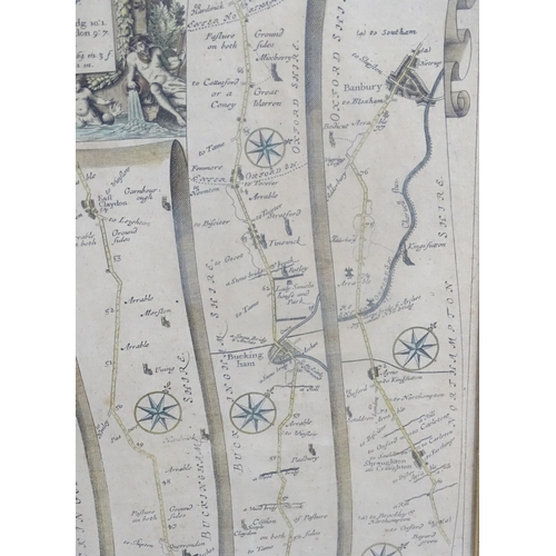 2032 - Map: An engraved strip road map, titled The Road from London to Buckingham, after John Ogilby. Appro... 